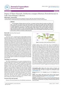Impact of Water Hyacinth, Eichhornia Crassipes (Martius) (Pontederiaceae) in Lake Tana Ethiopia: a Review