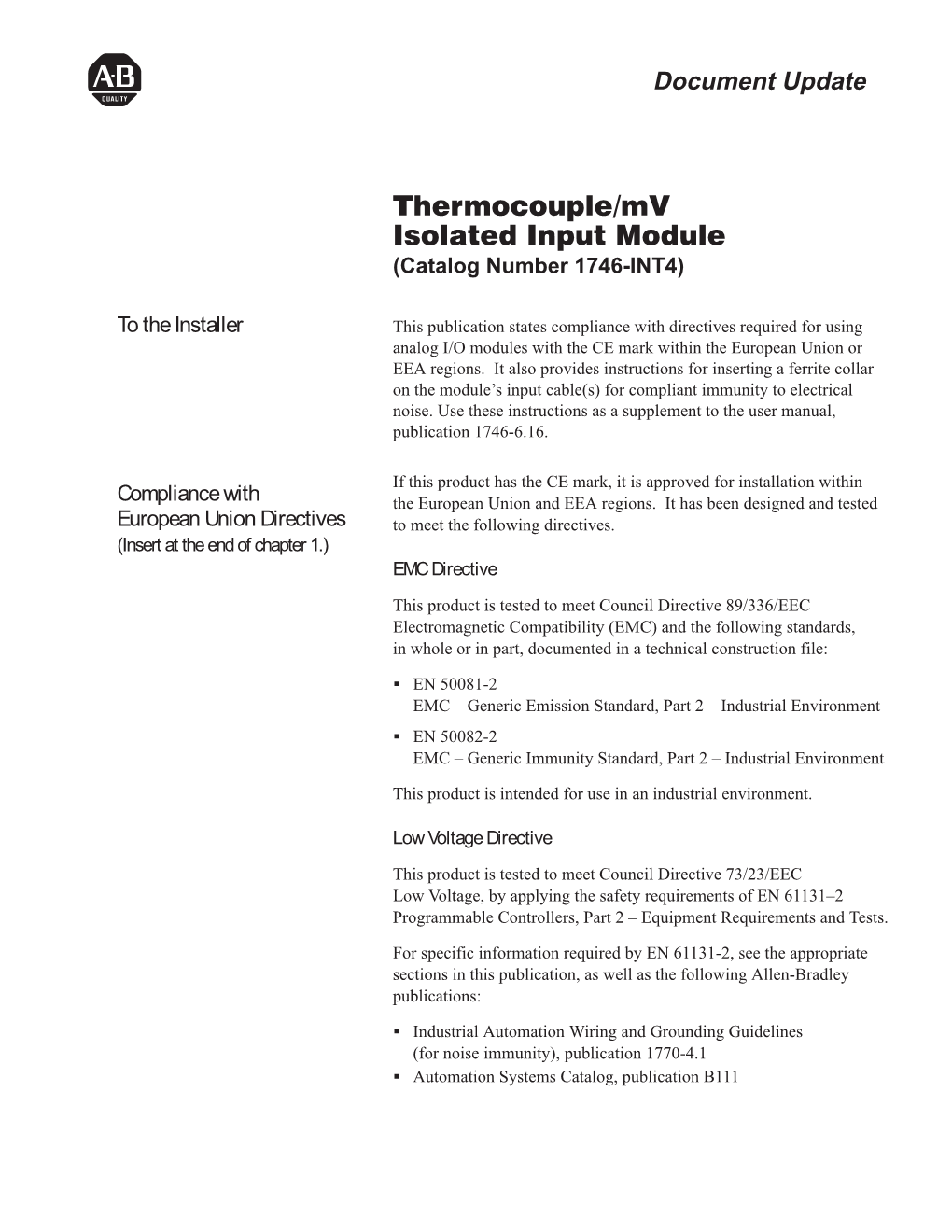 Thermocouple/Mv Isolated Input Module (Catalog Number 1746-INT4)