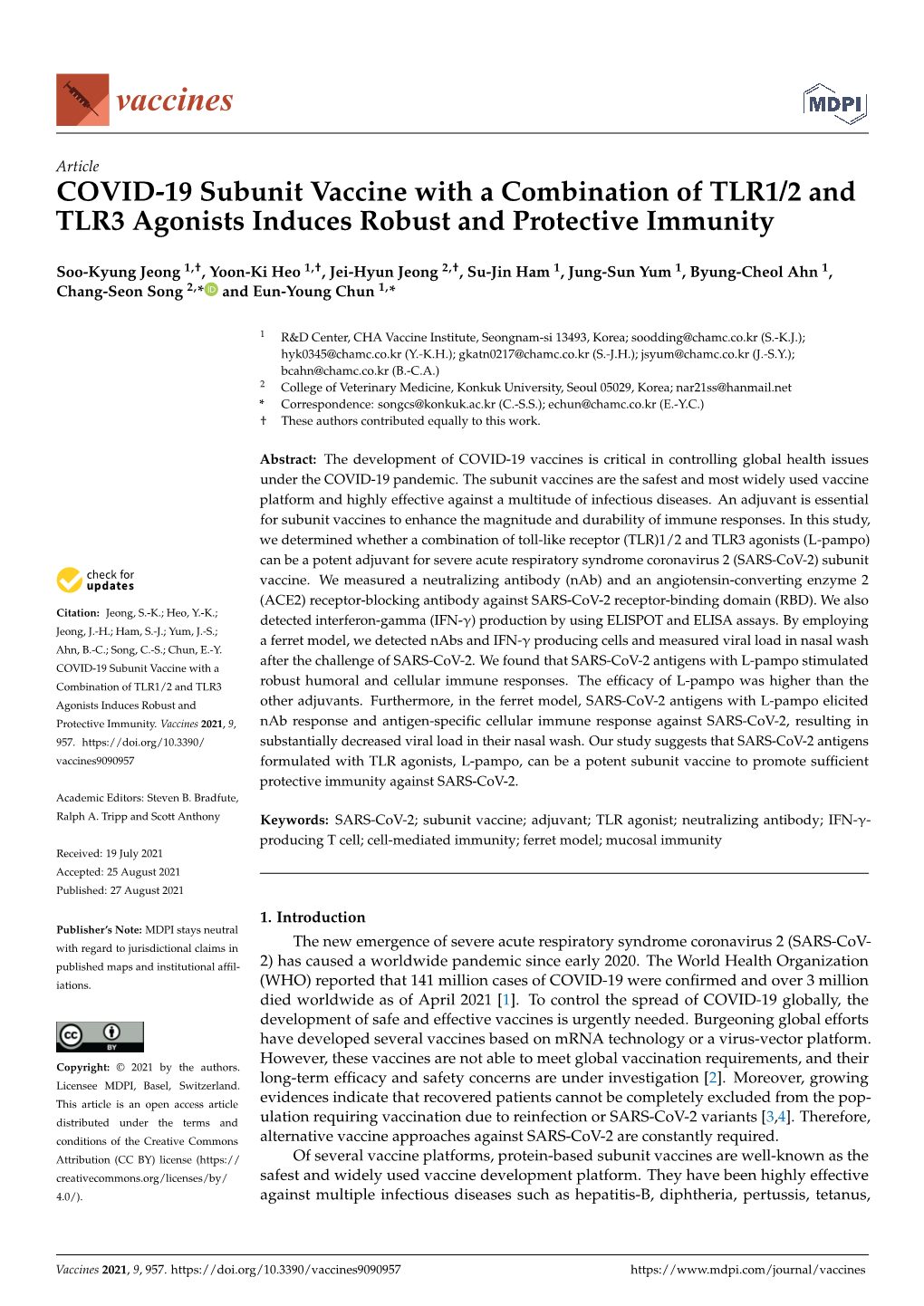 COVID-19 Subunit Vaccine with a Combination of TLR1/2 and TLR3 Agonists Induces Robust and Protective Immunity