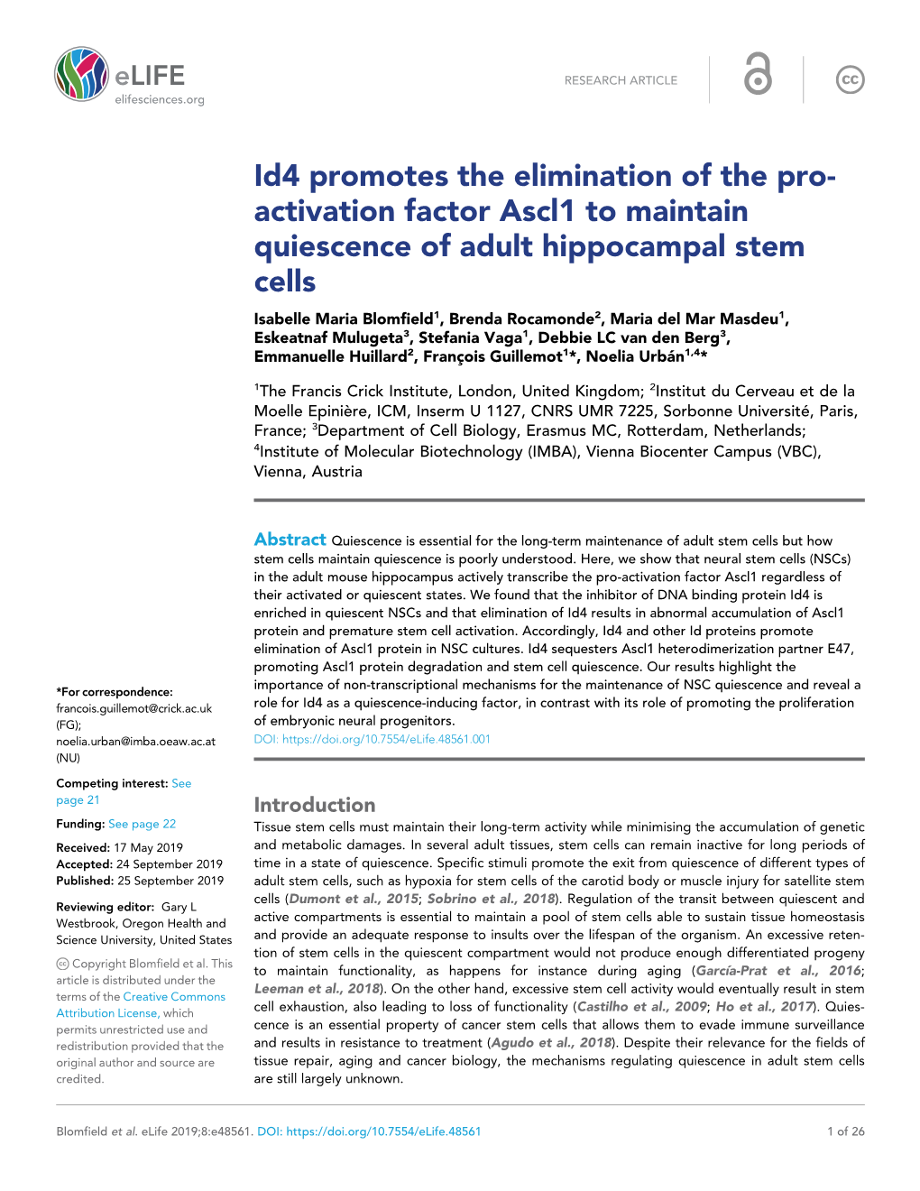 Id4 Promotes the Elimination of the Pro- Activation Factor Ascl1 to Maintain