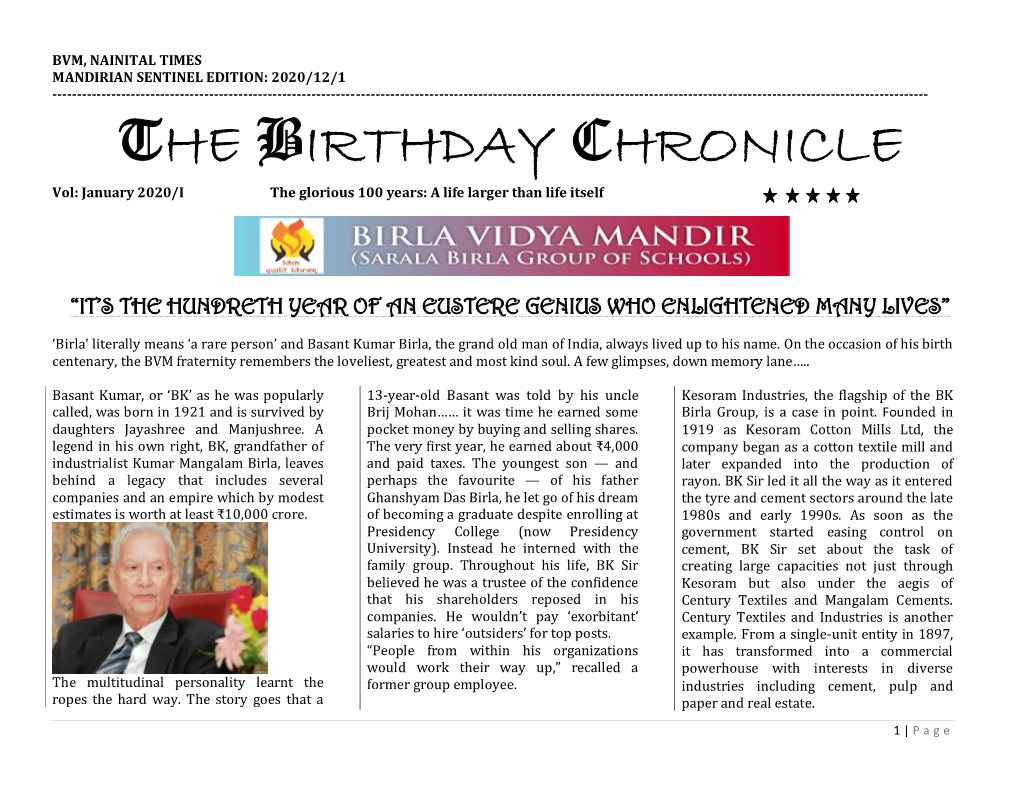THE BIRTHDAY CHRONICLE Vol: January 2020/I the Glorious 100 Years: a Life Larger Than Life Itself
