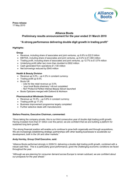 Alliance Boots Preliminary Results Announcement for the Year Ended 31 March 2010