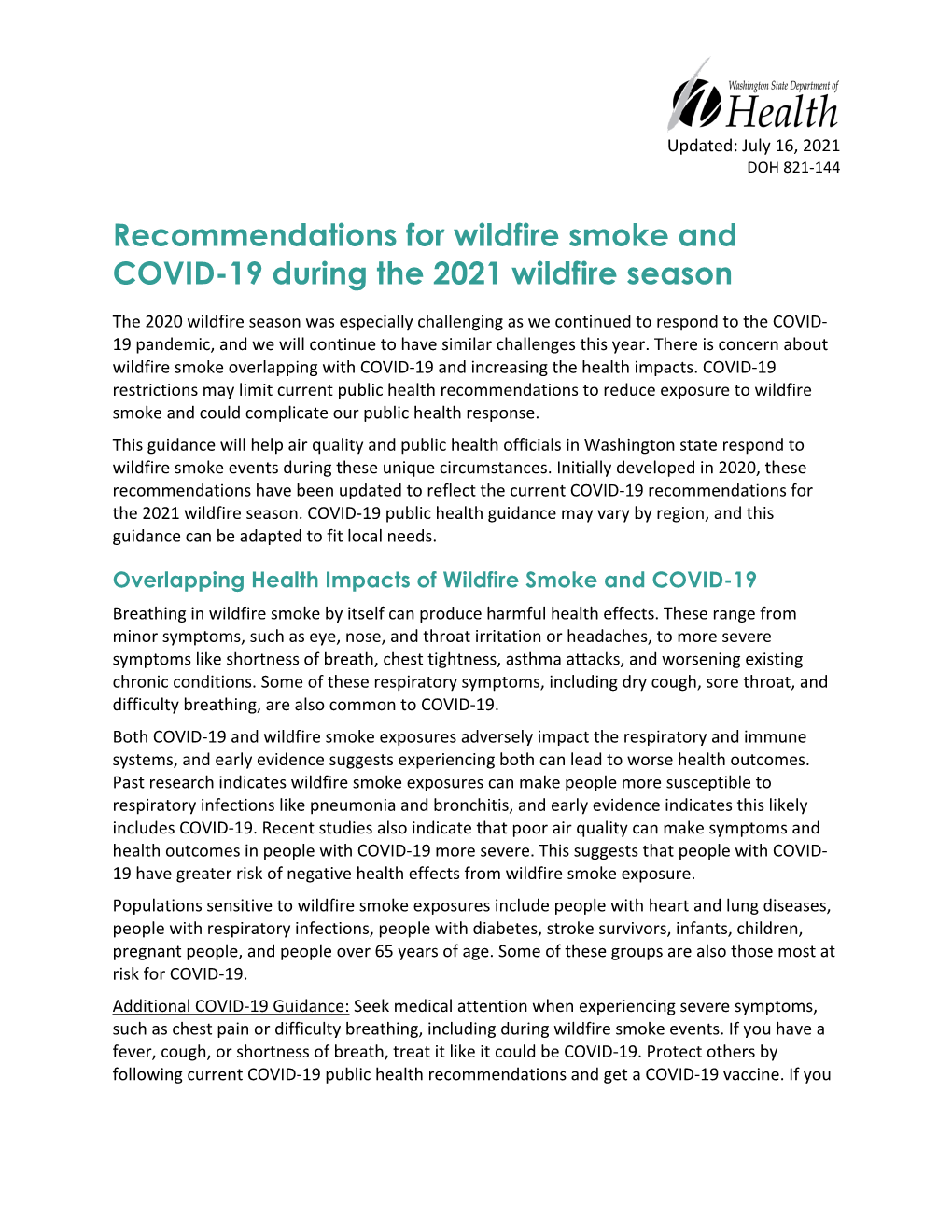 Recommendations for Wildfire Smoke and COVID-19 During the 2021 Wildfire Season