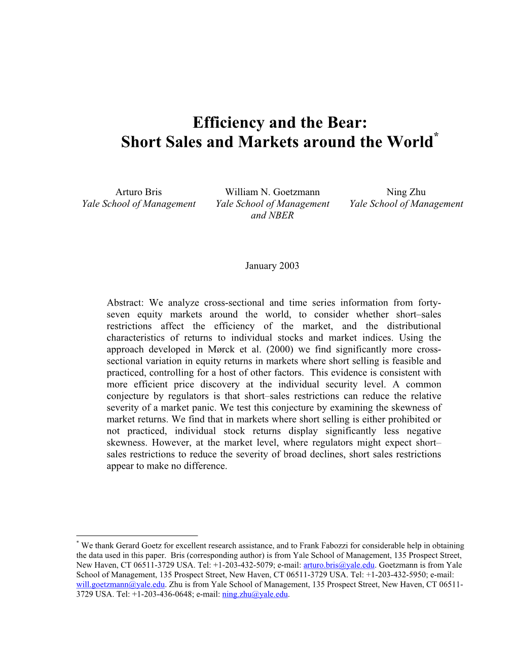 Efficiency and the Bear: Short Sales and Markets Around the World*