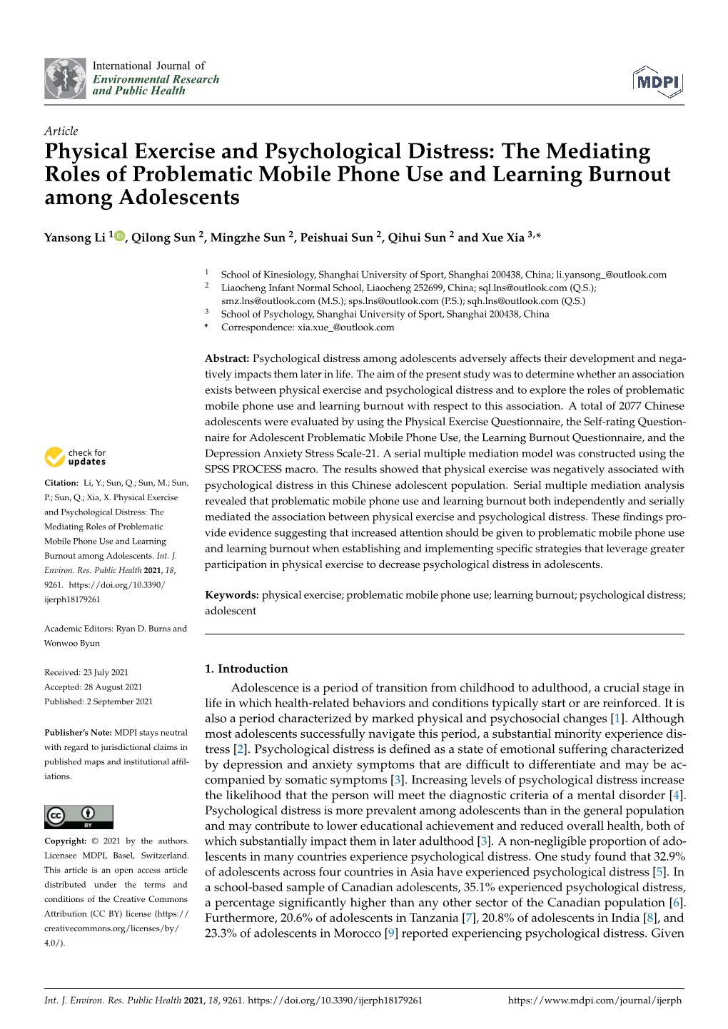 Physical Exercise and Psychological Distress: the Mediating Roles of Problematic Mobile Phone Use and Learning Burnout Among Adolescents