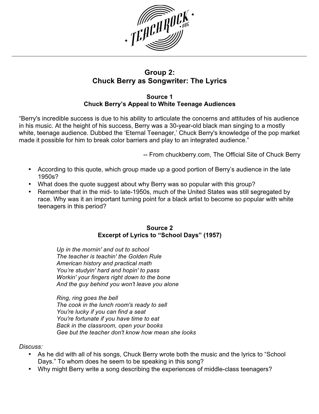 Group 2: Chuck Berry As Songwriter: the Lyrics
