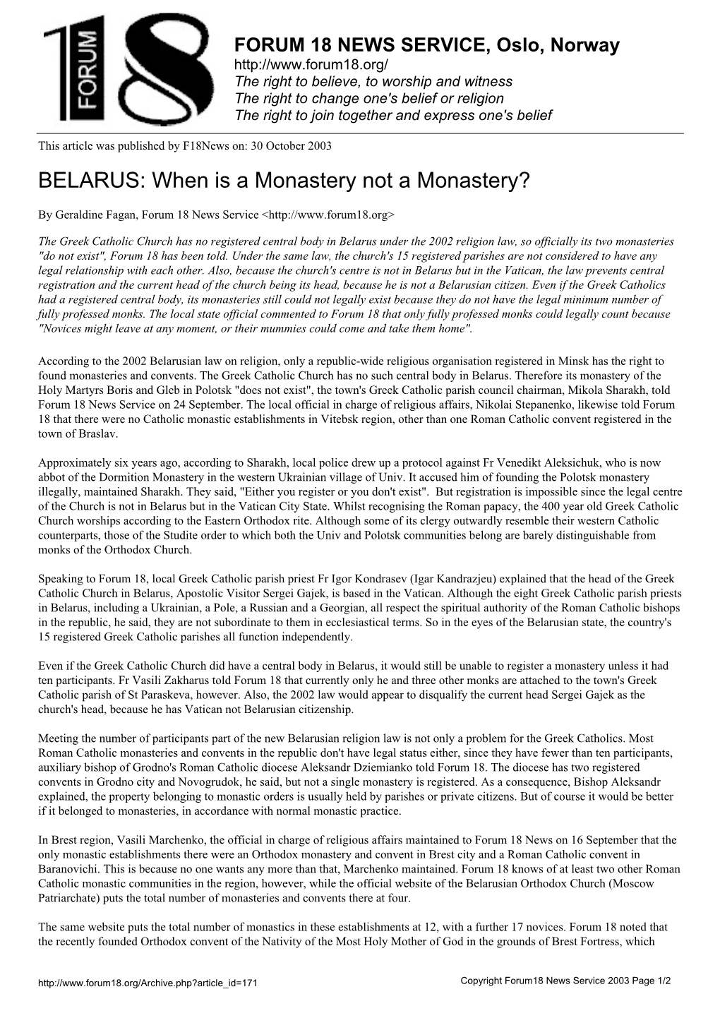 BELARUS: When Is a Monastery Not a Monastery?