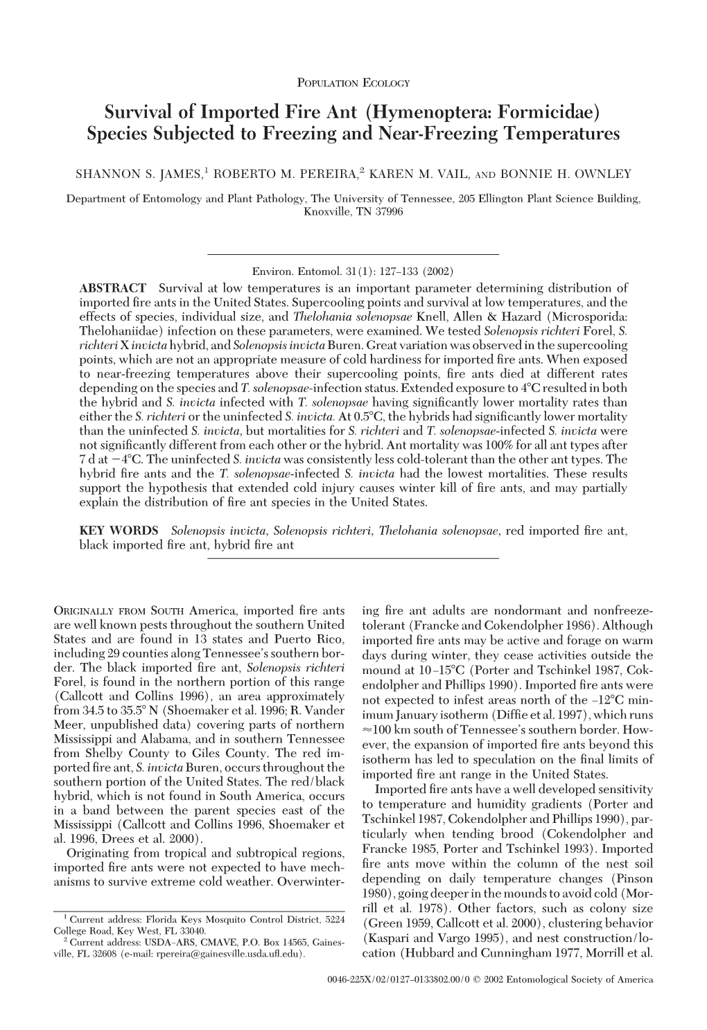 Survival of Imported Fire Ant Species Subjected to Freezing and Near