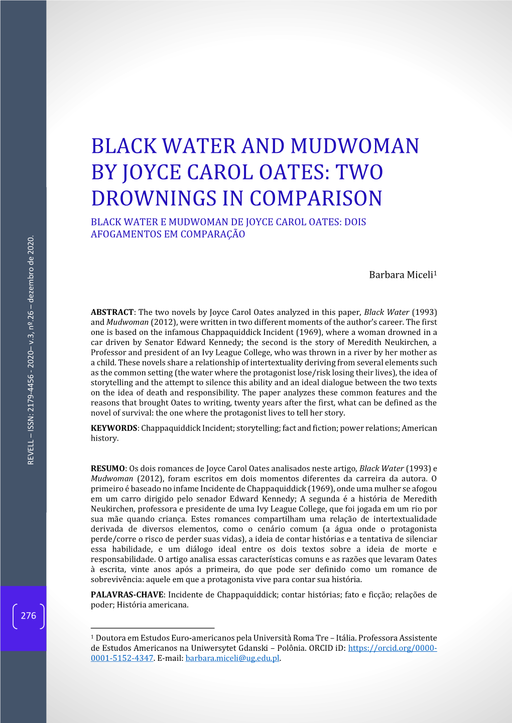 Black Water and Mudwoman by Joyce Carol Oates: Two Drownings in Comparison Black Water E Mudwoman De Joyce Carol Oates: Dois
