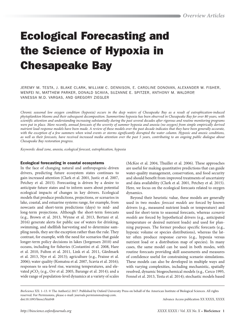 Ecological Forecasting and the Science of Hypoxia in Chesapeake Bay