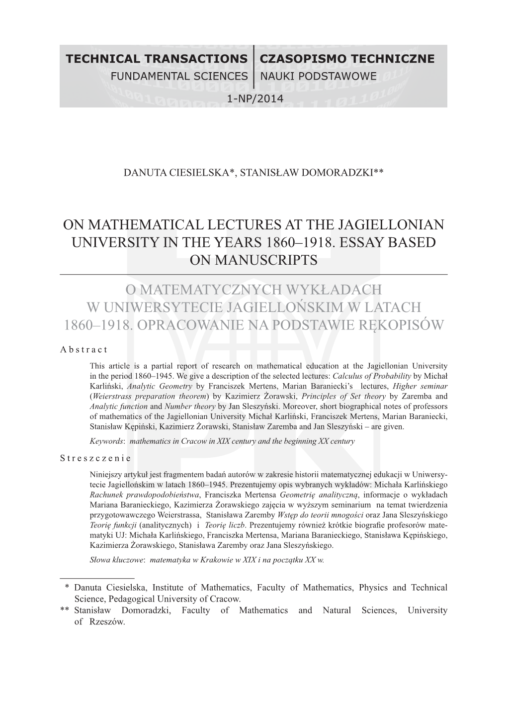 On Mathematical Lectures at the Jagiellonian University in the Years 1860‒1918