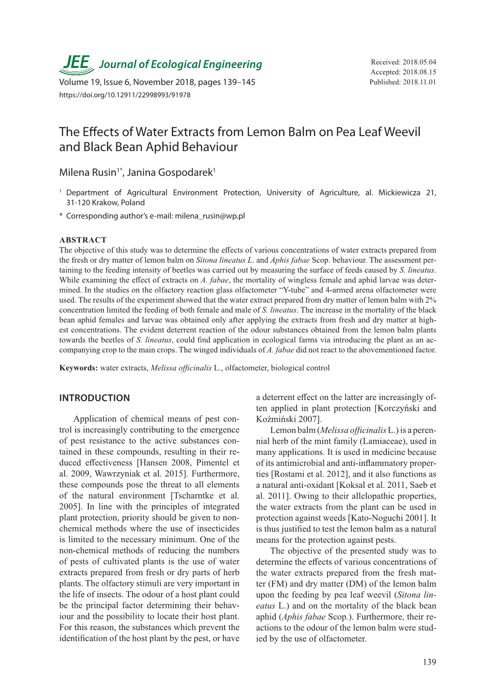 The Effects of Water Extracts from Lemon Balm Onpea Leaf Weevil