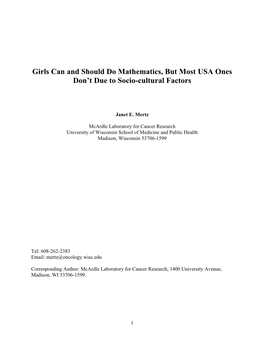 USA Girls Can and Should Do Mathematics, but Most Don't Due To