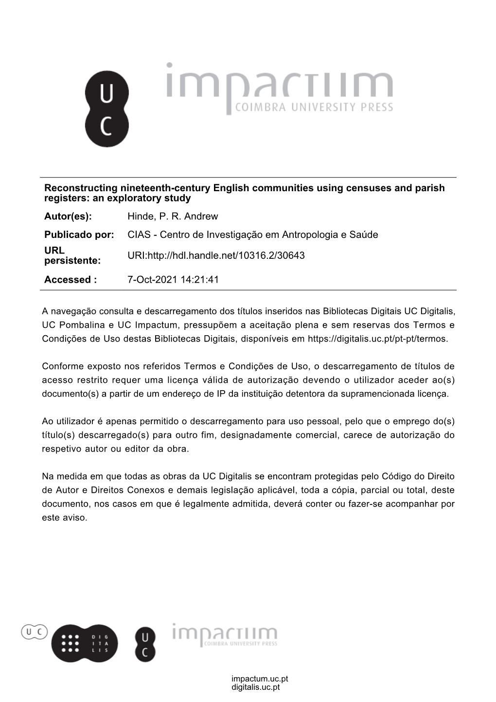 Reconstructing Nineteenth-Century English Communities Using Censuses and Parish Registers: an Exploratory Study Autor(Es): Hinde, P