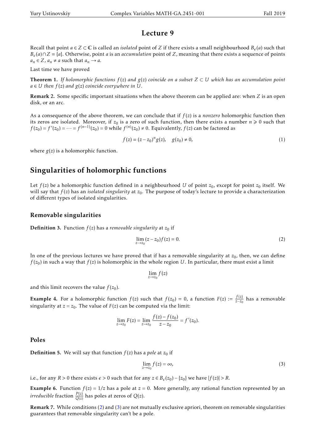 Lecture 9 Singularities of Holomorphic Functions