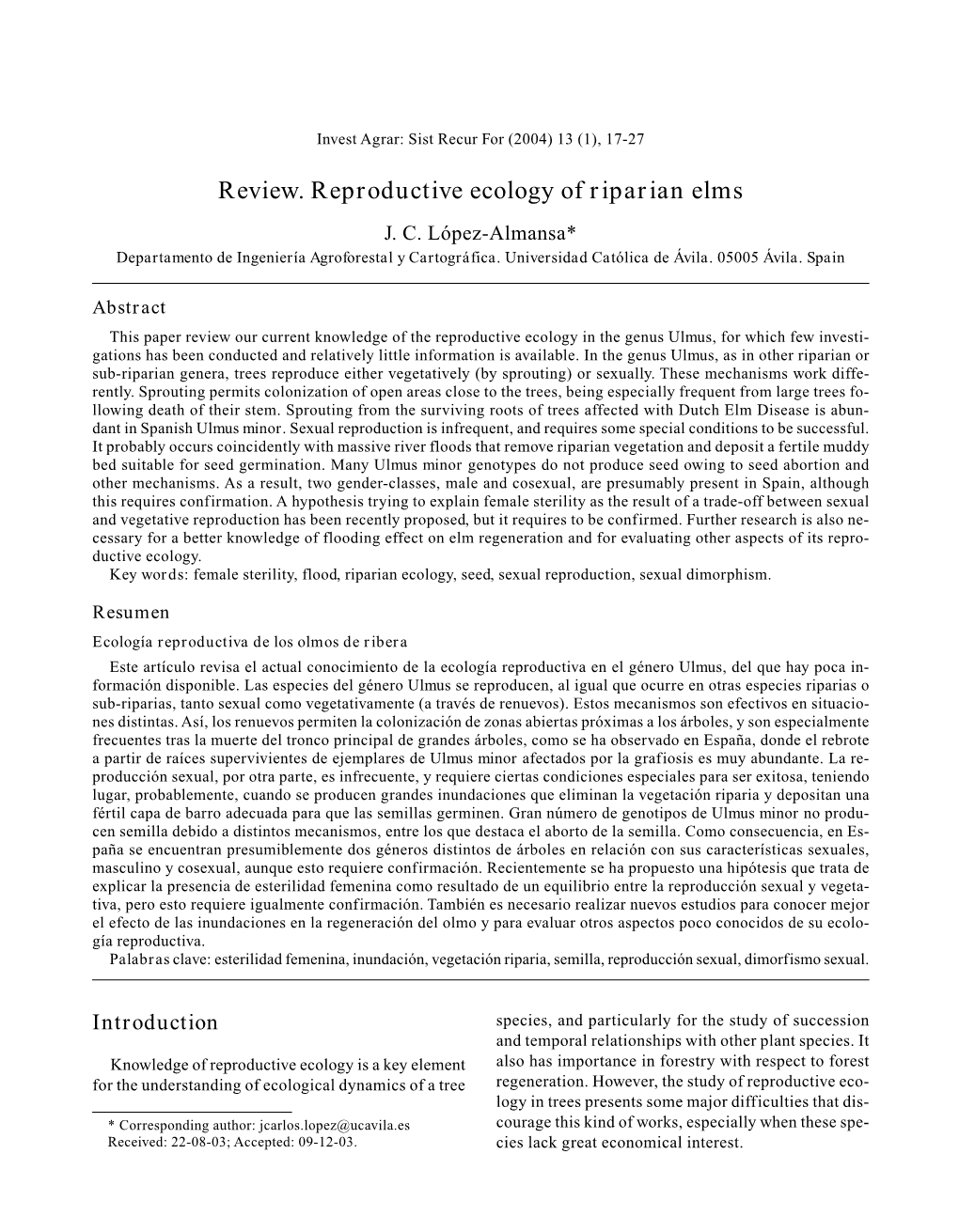 Review. Reproductive Ecology of Riparian Elms J
