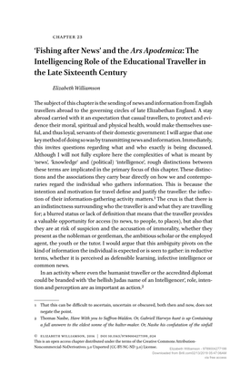 And the Ars Apodemica: the Intelligencing Role of the Educational Traveller in the Late Sixteenth Century