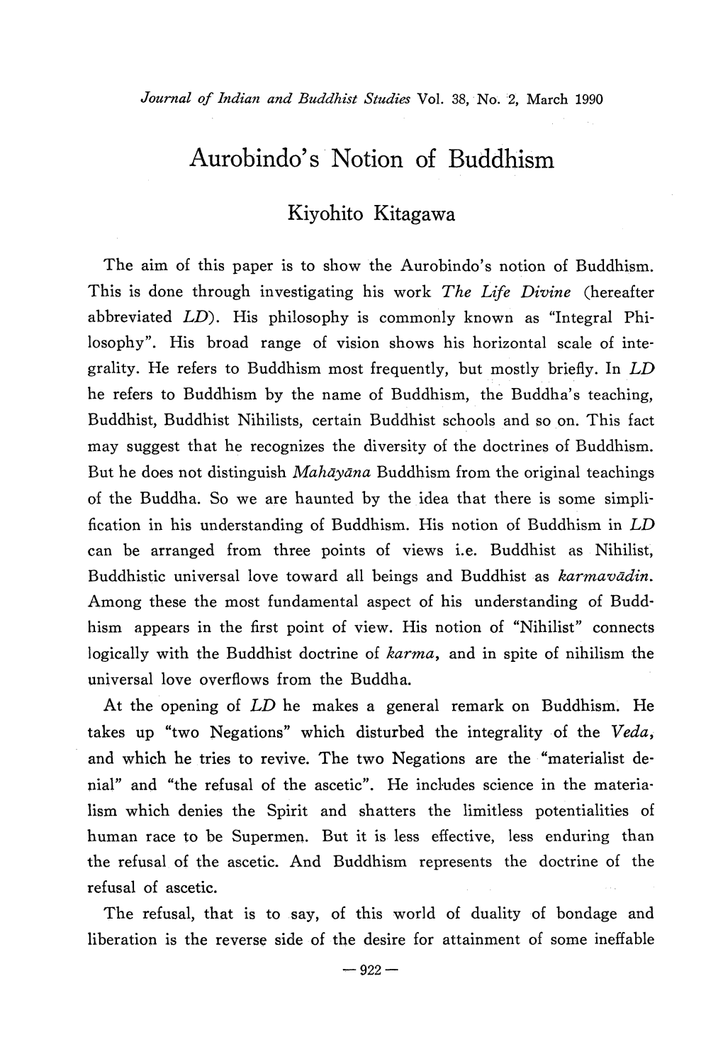 Aurobindo's Notion of Buddhism Kiyohito Kitagawa the Aim of This