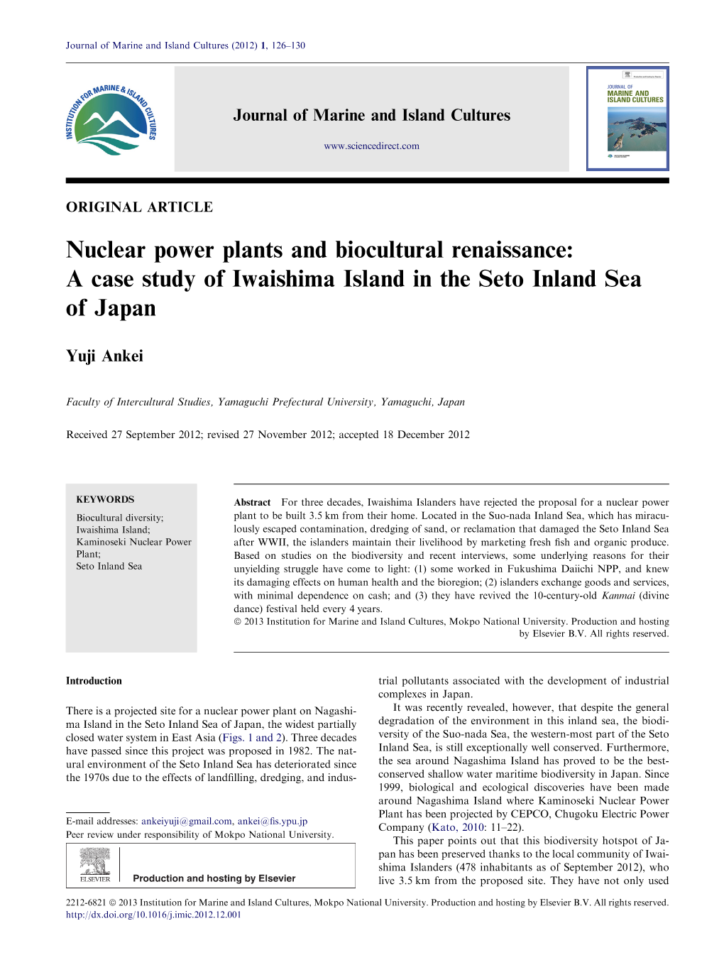 Nuclear Power Plants and Biocultural Renaissance: a Case Study of Iwaishima Island in the Seto Inland Sea of Japan