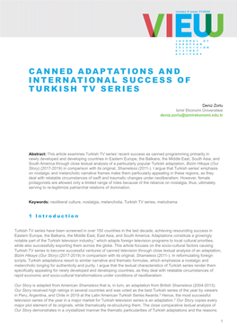 Canned Adaptations and International Success of Turkish Tv Series