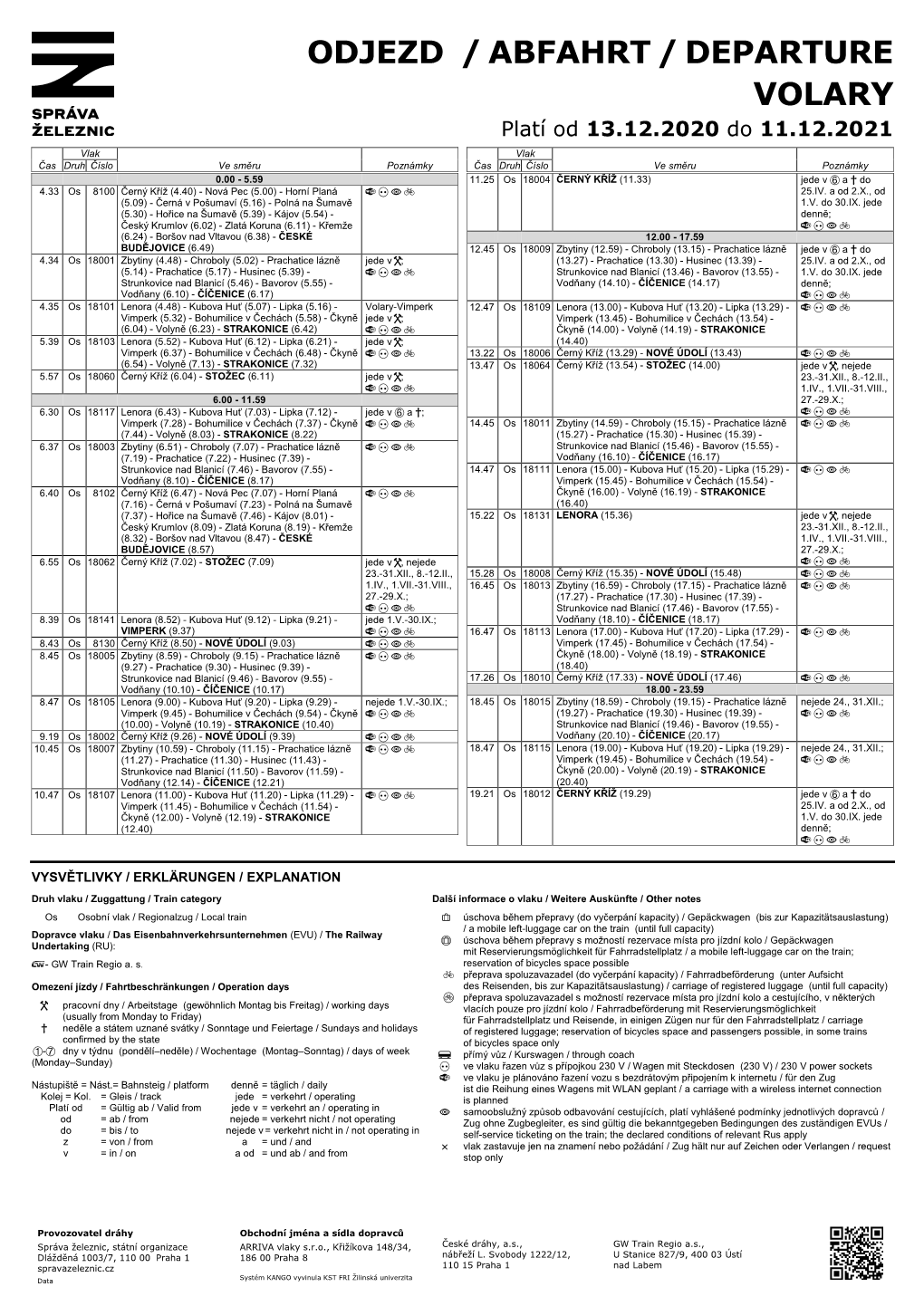 ODJEZD / ABFAHRT / DEPARTURE VOLARY Platí Od 13.12.2020 Do 11.12.2021 Vlak Vlak Čas Druh Číslo Ve Směru Poznámky Čas Druh Číslo Ve Směru Poznámky