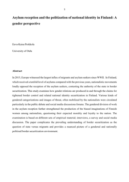 Asylum Reception and the Politization of National Identity in Finland: a Gender Perspective