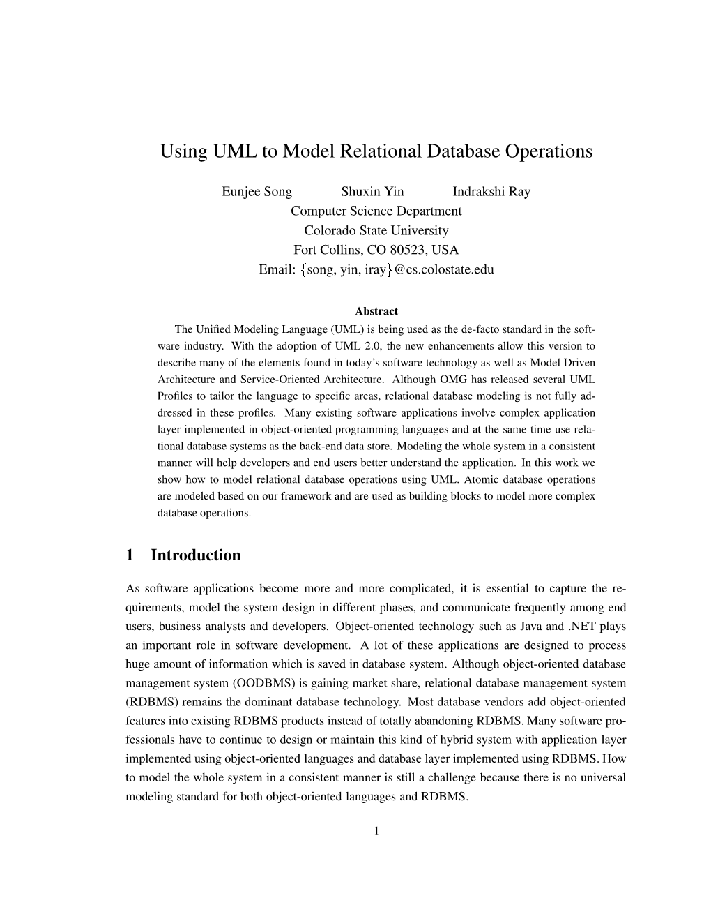 Using UML to Model Relational Database Operations