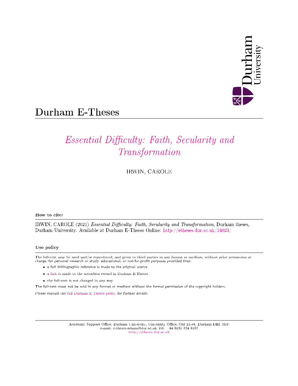 Essential Difficulty: Faith, Secularity And