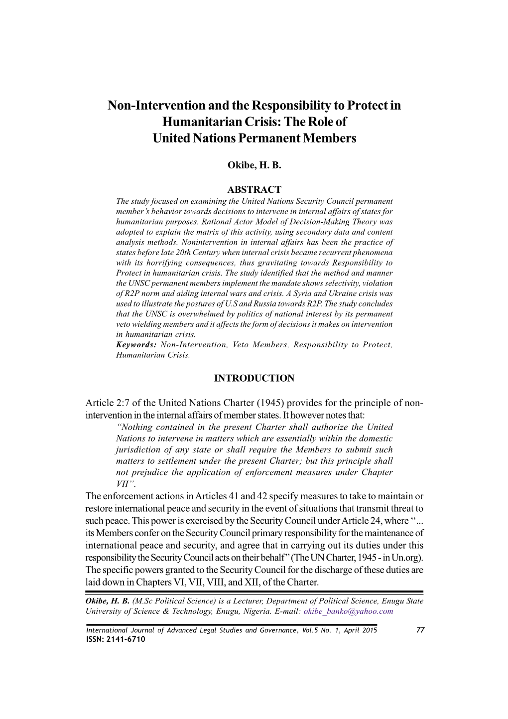Non-Intervention and the Responsibility to Protect in Humanitarian Crisis: the Role of United Nations Permanent Members
