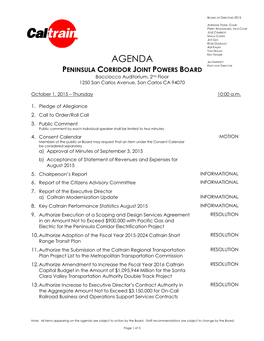 AGENDA JIM HARTNETT EXECUTIVE DIRECTOR PENINSULA CORRIDOR JOINT POWERS BOARD Bacciocco Auditorium, 2Nd Floor 1250 San Carlos Avenue, San Carlos CA 94070