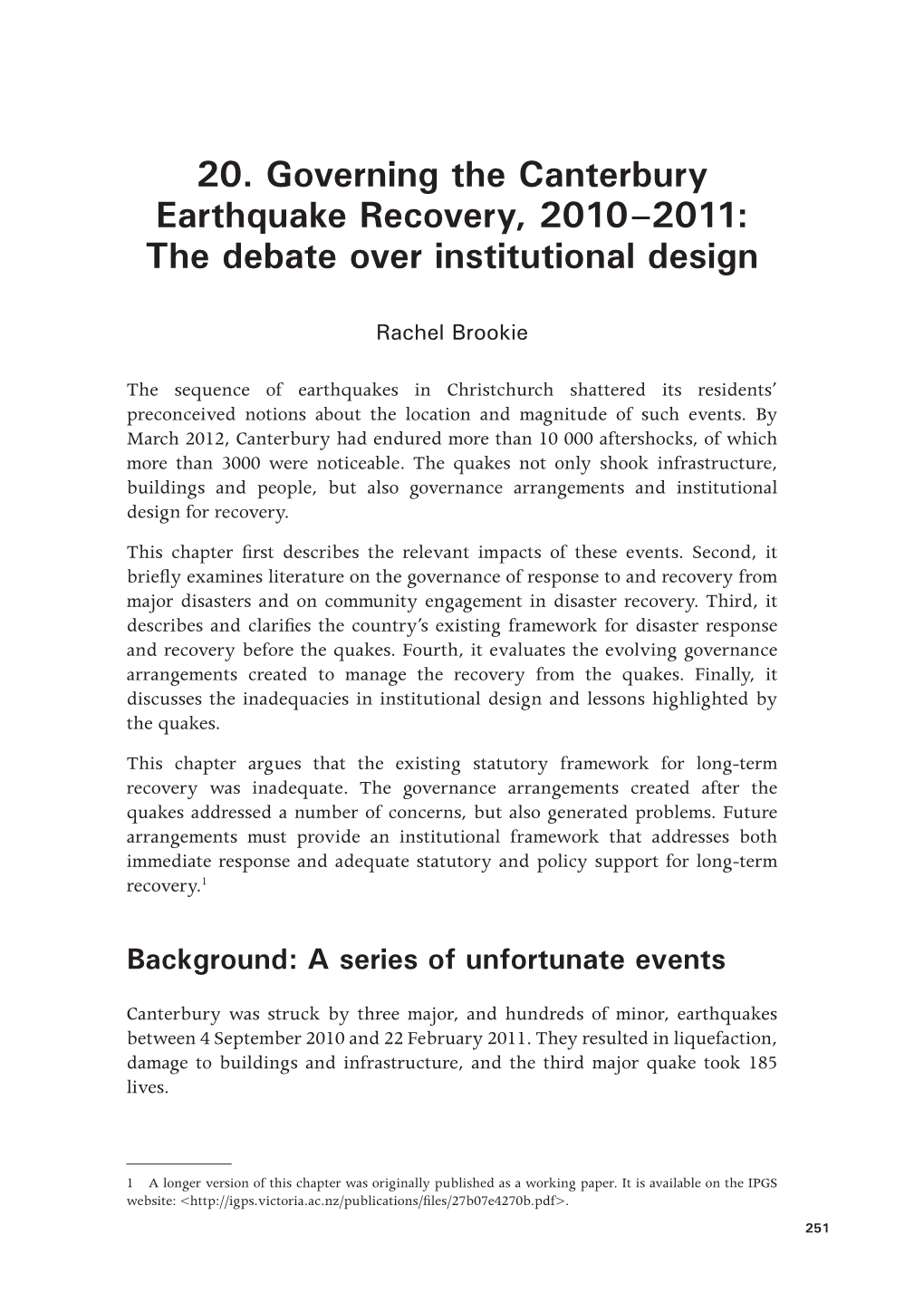 20. Governing the Canterbury Earthquake Recovery, 2010–2011: the Debate Over Institutional Design