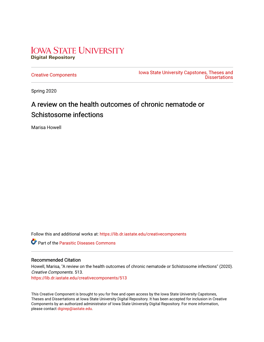 A Review on the Health Outcomes of Chronic Nematode Or Schistosome Infections