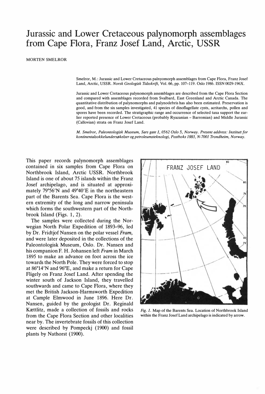 Jurassic and Lower Cretaceous Palynomorph Assemblages from Cape Flora, Franz Josef Land, Arctic, USSR