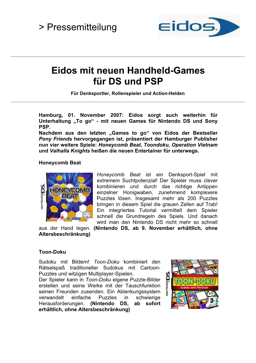 Pressemitteilung Eidos Mit Neuen Handheld-Games Für DS Und