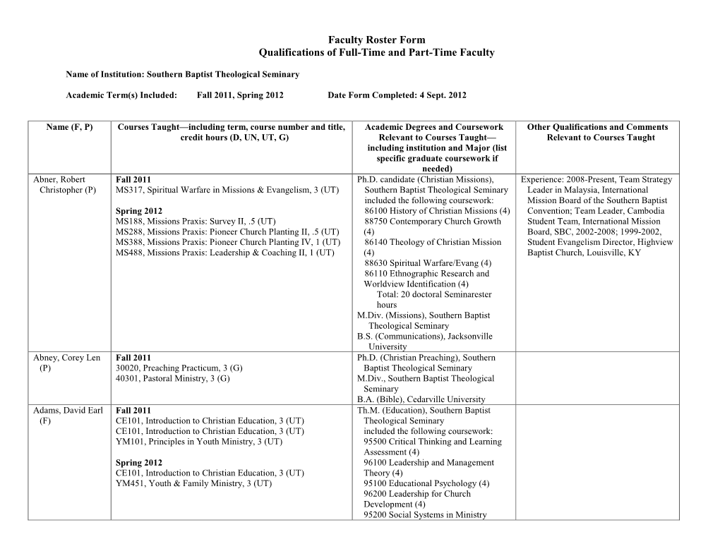 Faculty Roster Form Qualifications of Full-Time and Part-Time Faculty