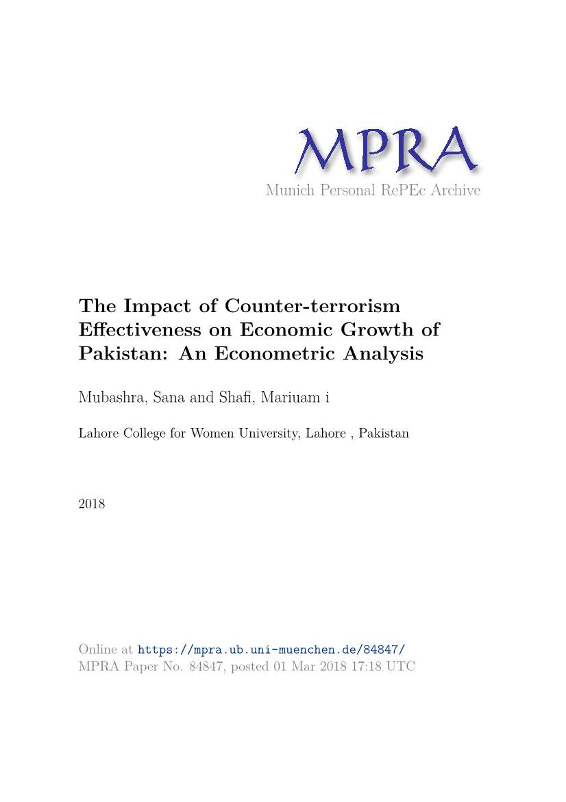 The Impact of Counter-Terrorism Effectiveness on Economic Growth of 1 Pakistan: an Econometric Analysis