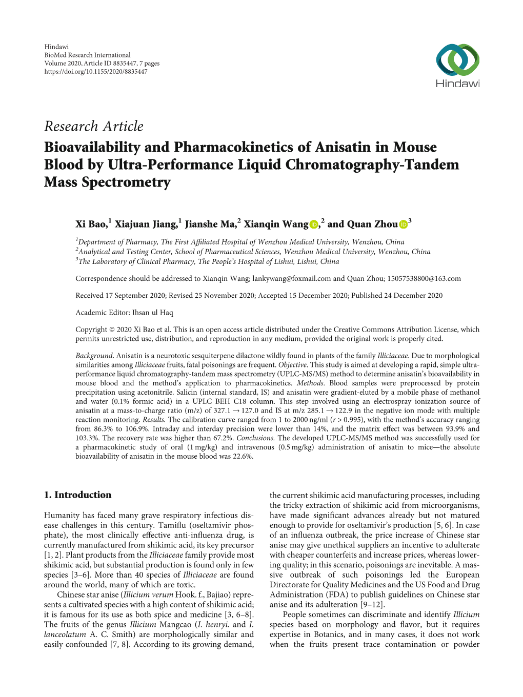 Bioavailability and Pharmacokinetics of Anisatin in Mouse Blood by Ultra-Performance Liquid Chromatography-Tandem Mass Spectrometry