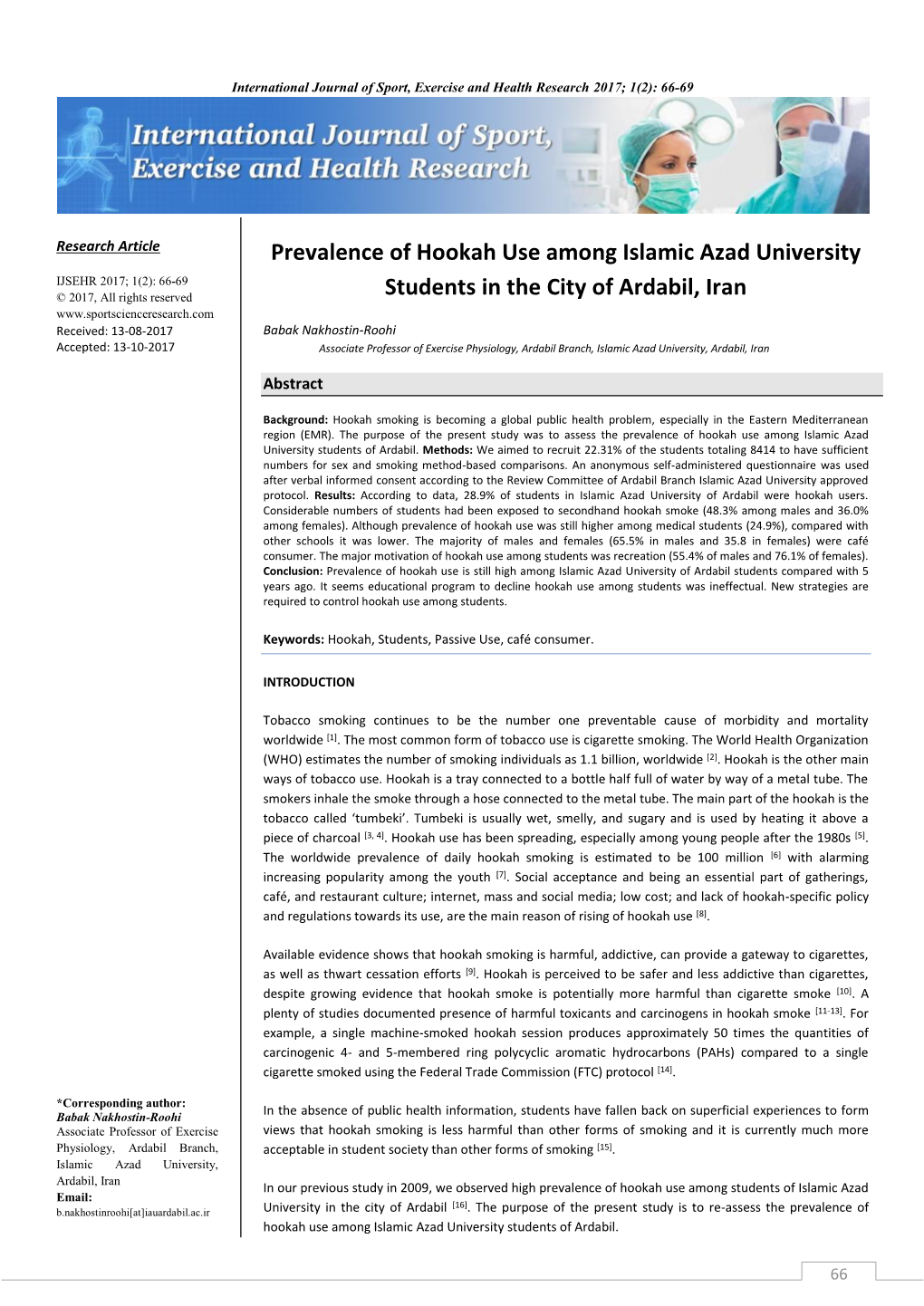 Prevalence of Hookah Use Among Islamic Azad University Students In