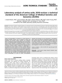 Laboratory Analysis of Amino Acids, 2018 Revision: a Technical Standard of the American College of Medical Genetics and Genomics (ACMG)