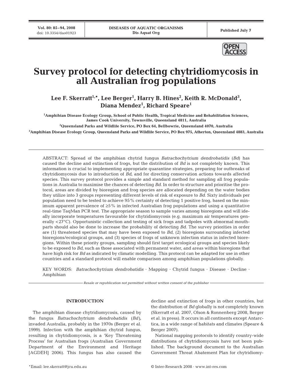 Survey Protocol for Detecting Chytridiomycosis in All Australian Frog Populations