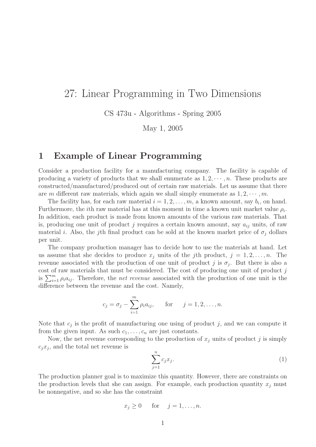 27: Linear Programming in Two Dimensions