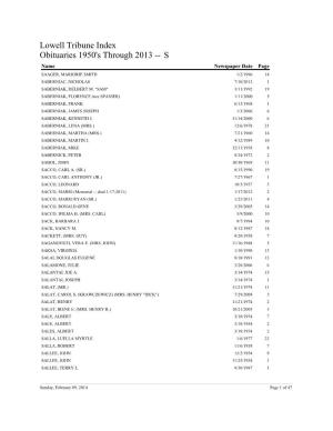 Obituaries 1950'S Through 2013 -- S Lowell Tribune Index