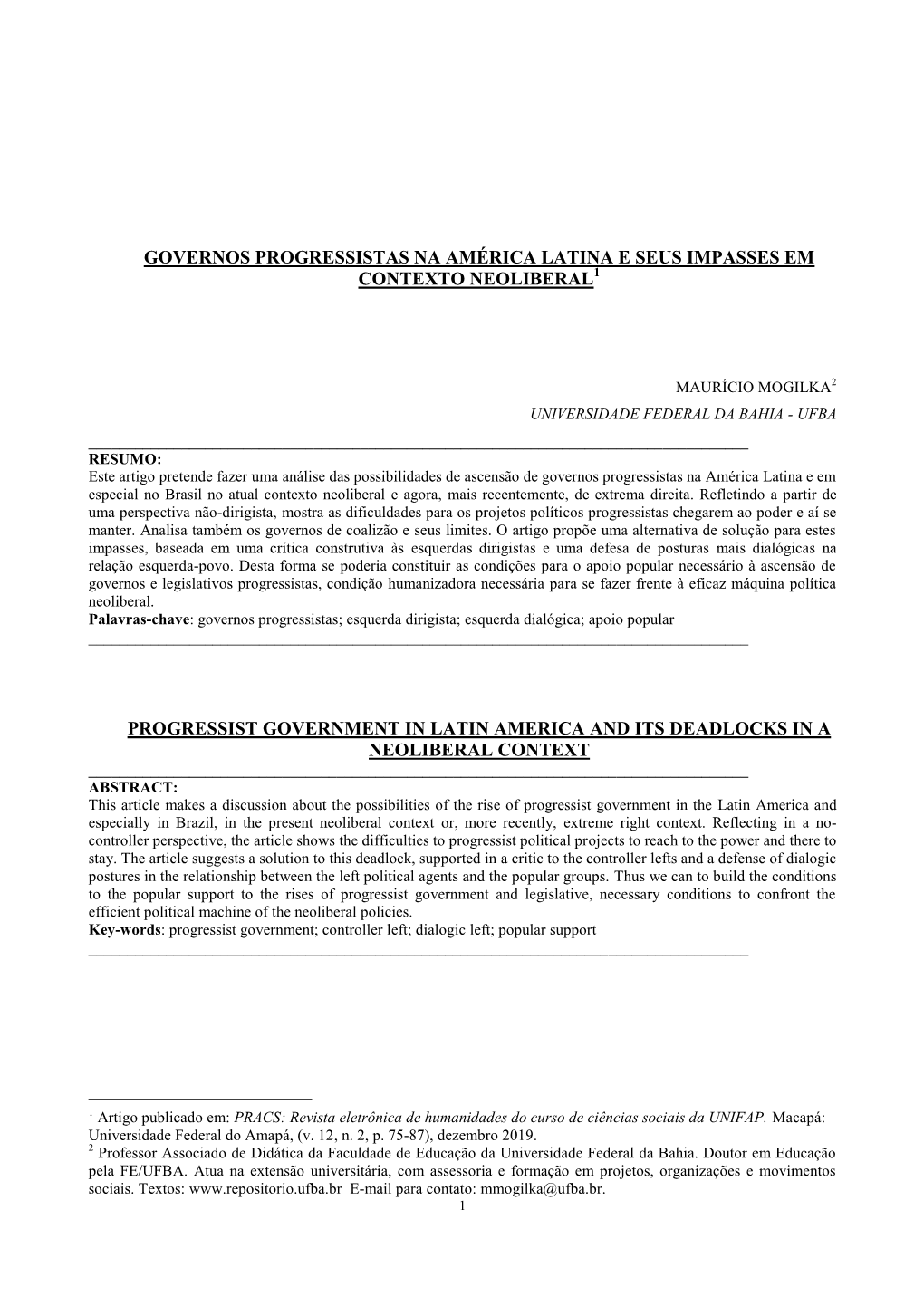 Governos Progressistas Na América Latina E Seus Impasses Em Contexto Neoliberal1