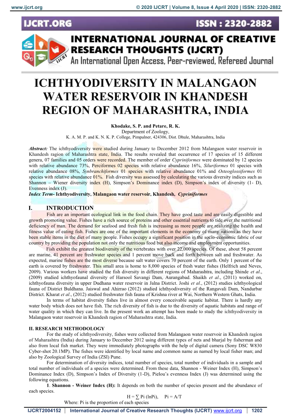 Ichthyodiversity in Malangaon Water Reservoir in Khandesh Region of Maharashtra, India