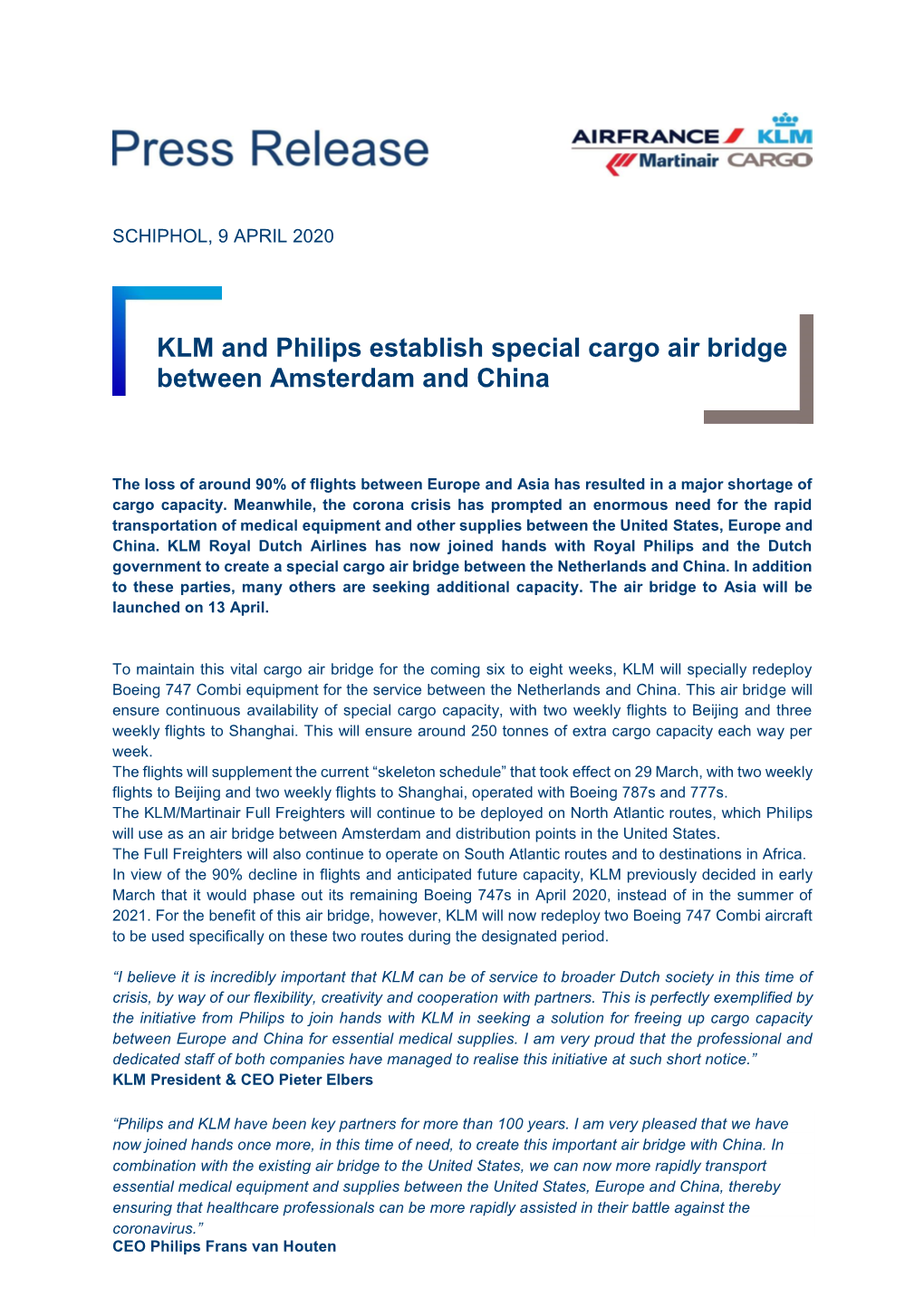 KLM and Philips Establish Special Cargo Air Bridge Between Amsterdam and China