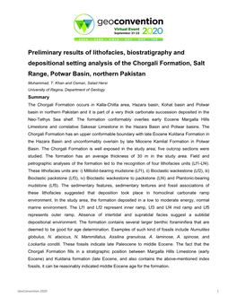 Preliminary Results of Lithofacies, Biostratigraphy and Depositional Setting Analysis of the Chorgali Formation, Salt Range, Potwar Basin, Northern Pakistan