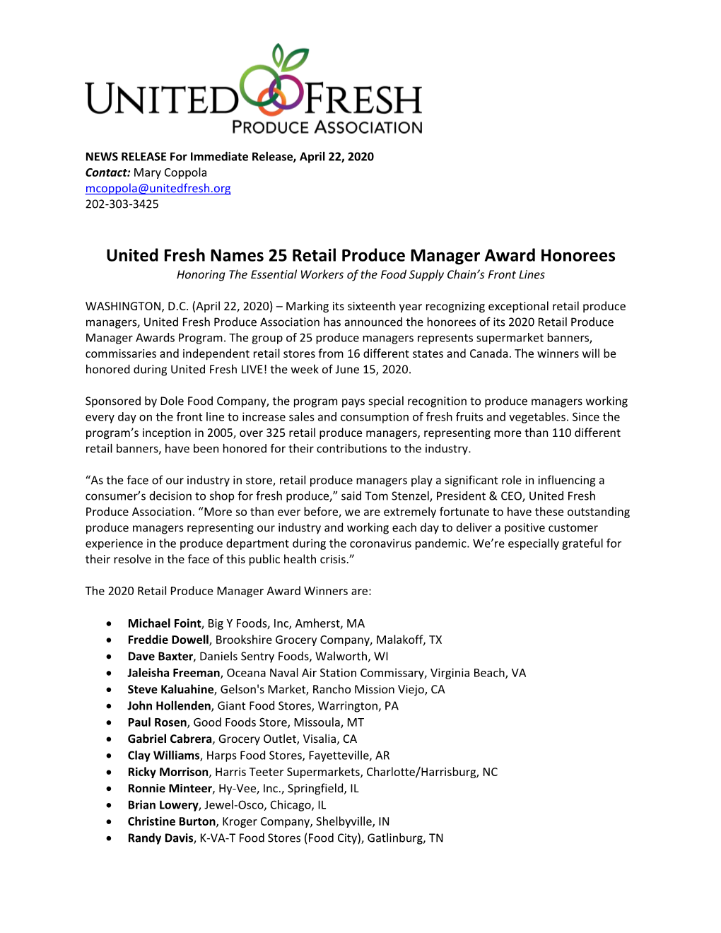 United Fresh Names 25 Retail Produce Manager Award Honorees Honoring the Essential Workers of the Food Supply Chain’S Front Lines