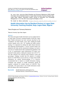 Health Information Use by Resident Doctors in Lagos State University Teaching Hospital, Ikeja, Lagos State, Nigeria