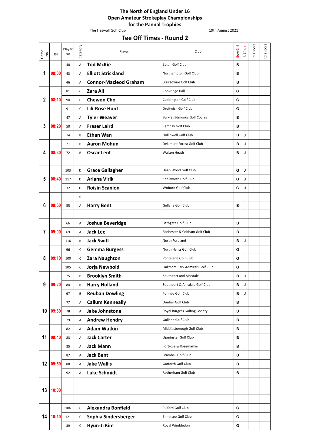 Tee Off Times - Round 2 Irl (J)