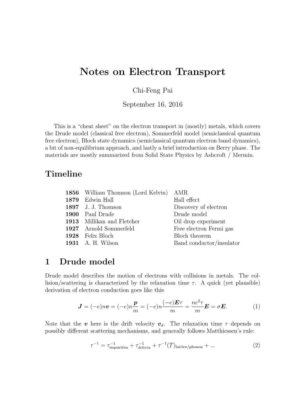 Notes on Electron Transport